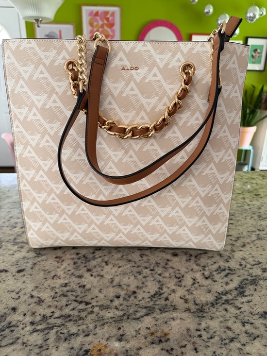 Aldo Handbags - ALDO Beige & Brown Monogram Tote with Gold Chain Handles never worn